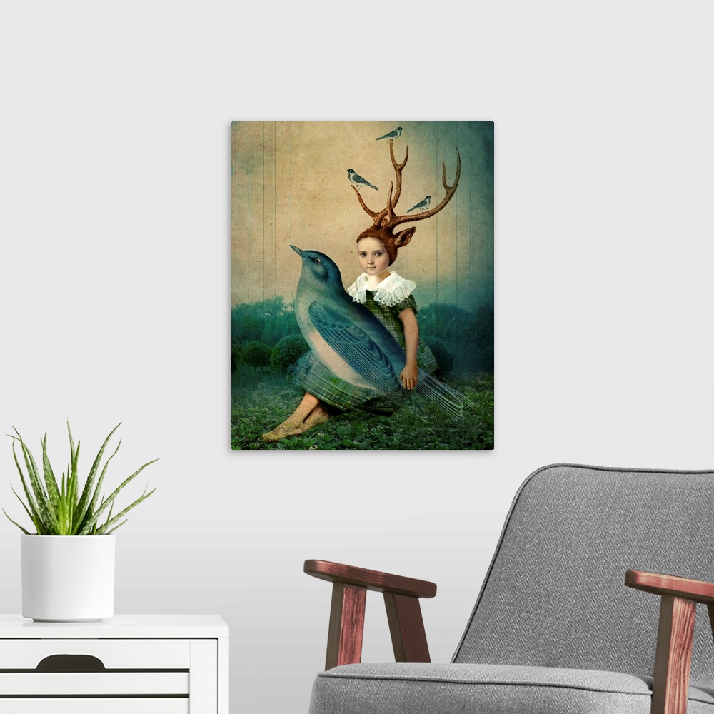 A modern room featuring A child with antlers holding a large blue bird in her lap.