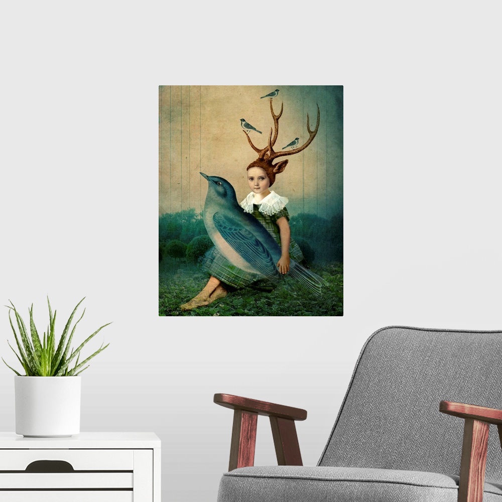 A modern room featuring A child with antlers holding a large blue bird in her lap.