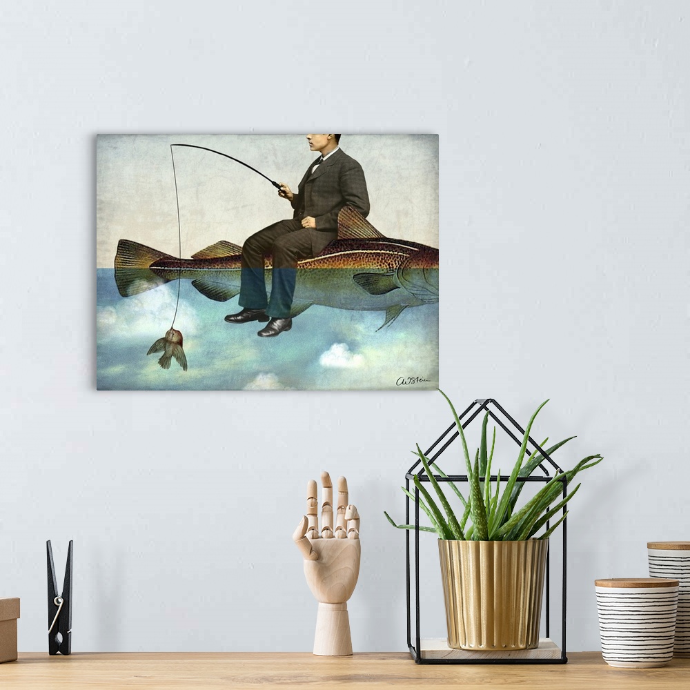 A bohemian room featuring A digital composite of a man sitting on a large fish while fishing for a small bird.