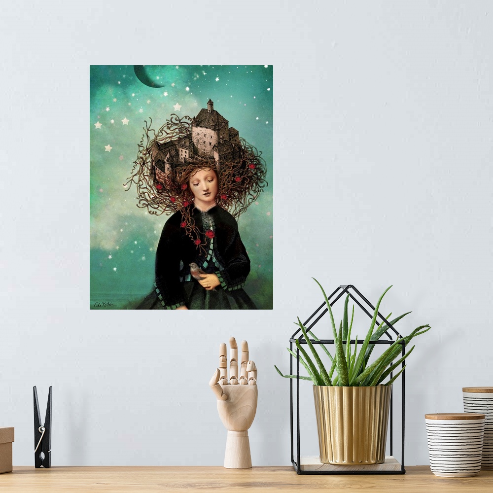 A bohemian room featuring A digital composite of a female with a castle on top on her head, holding a bird.