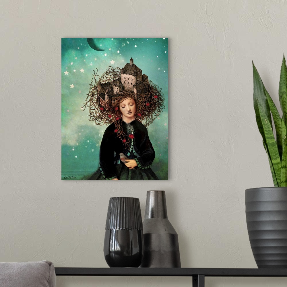 A modern room featuring A digital composite of a female with a castle on top on her head, holding a bird.