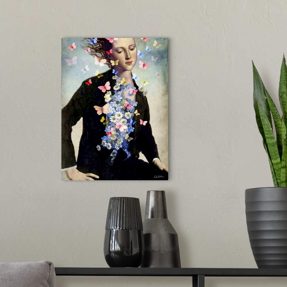 A modern room featuring A female dressed in black with a cluster of flowers and butterflies coming from her chest.