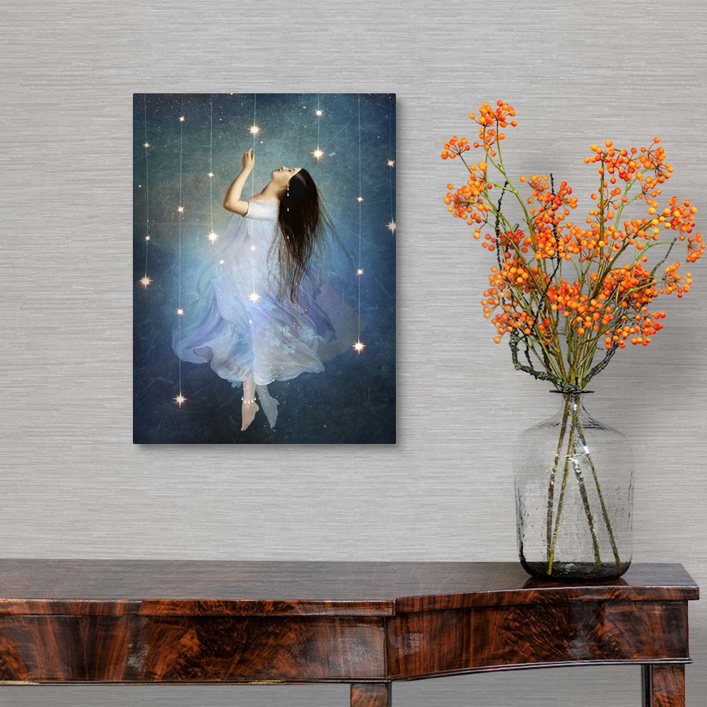 A traditional room featuring A conceptual artwork of a female floating in stars.