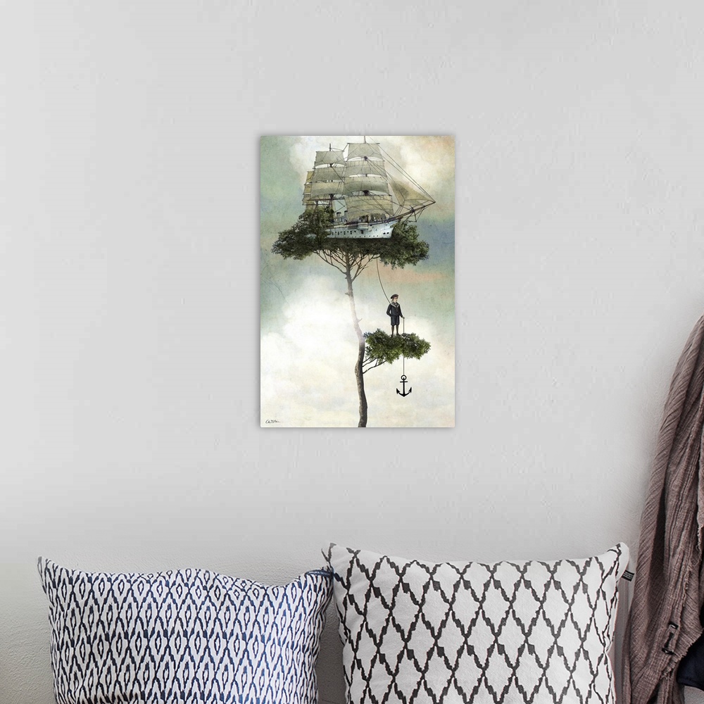 A bohemian room featuring A digital composite of a ship and sailor on top of trees.