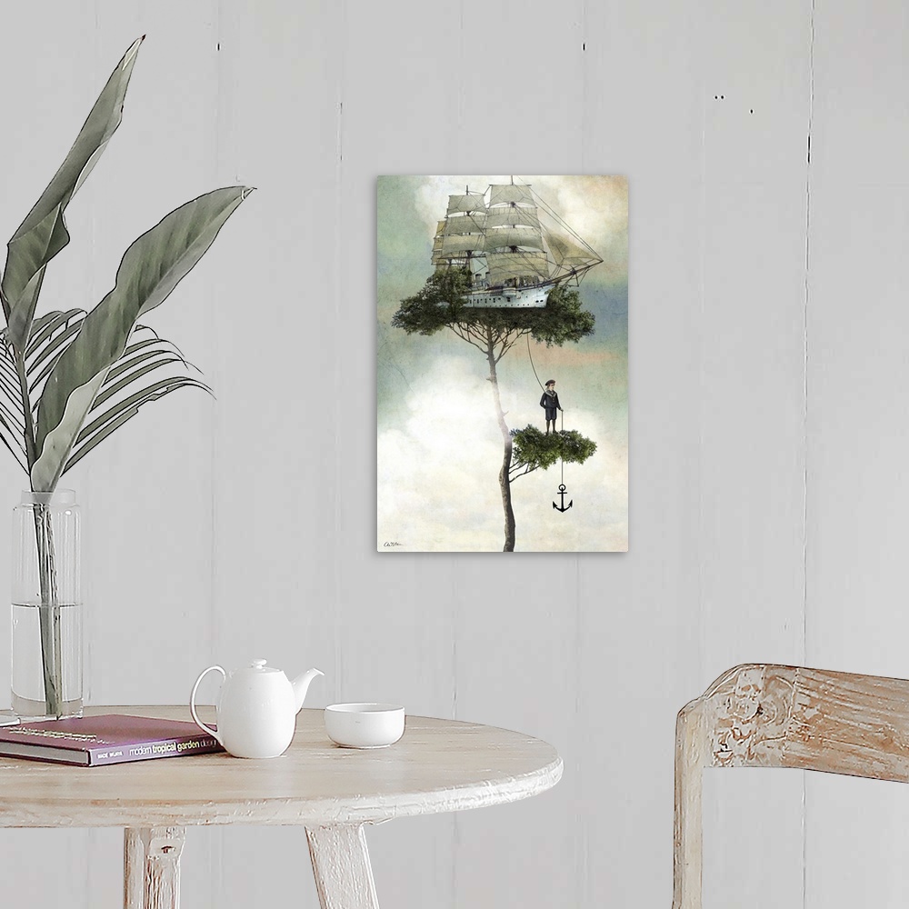 A farmhouse room featuring A digital composite of a ship and sailor on top of trees.