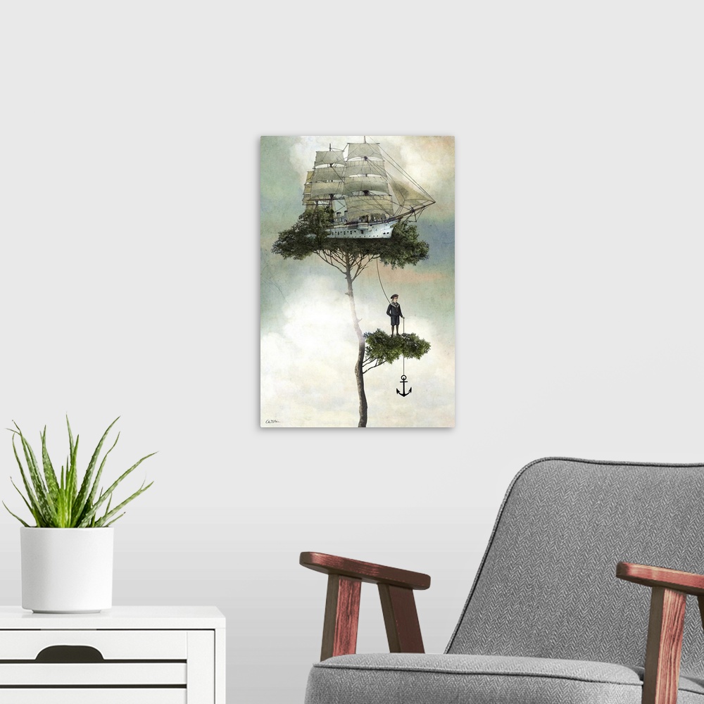 A modern room featuring A digital composite of a ship and sailor on top of trees.