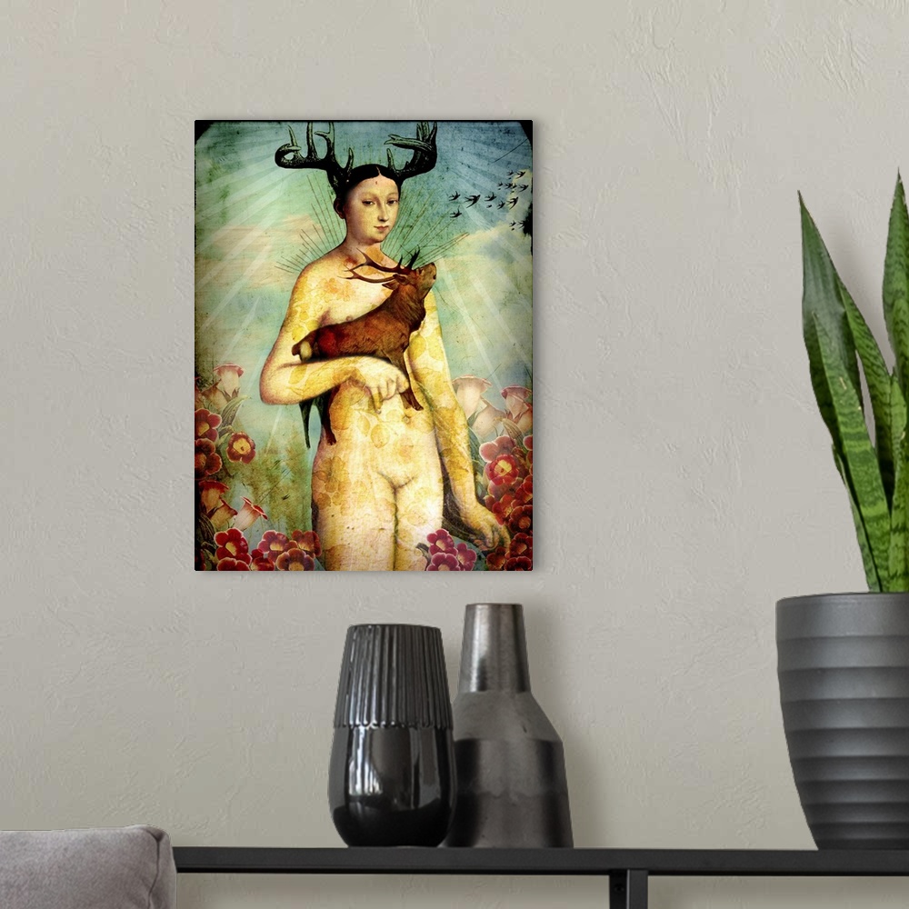 A modern room featuring Composite artwork of a nude woman with antlers holding an elk, surrounded by flowers.
