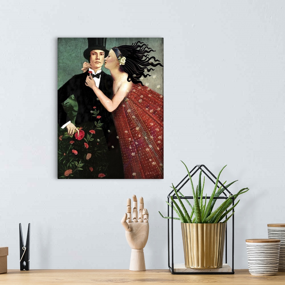 A bohemian room featuring A digital composite of a man being embraced by a female in red.