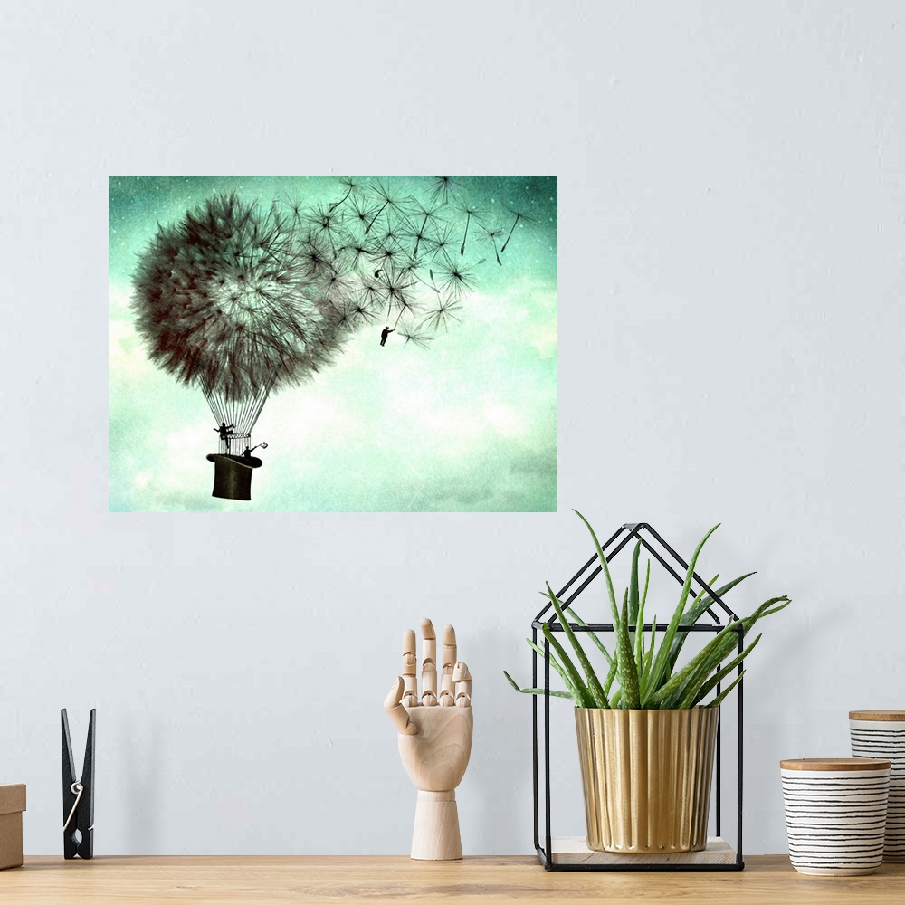 A bohemian room featuring An abstract illustration of large dandelions as hot air balloons.