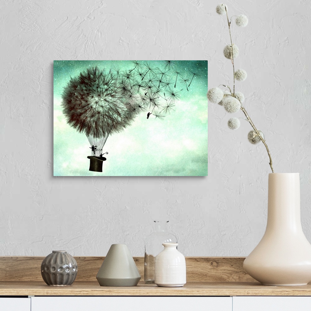 A farmhouse room featuring An abstract illustration of large dandelions as hot air balloons.