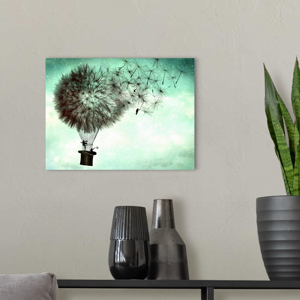 A modern room featuring An abstract illustration of large dandelions as hot air balloons.