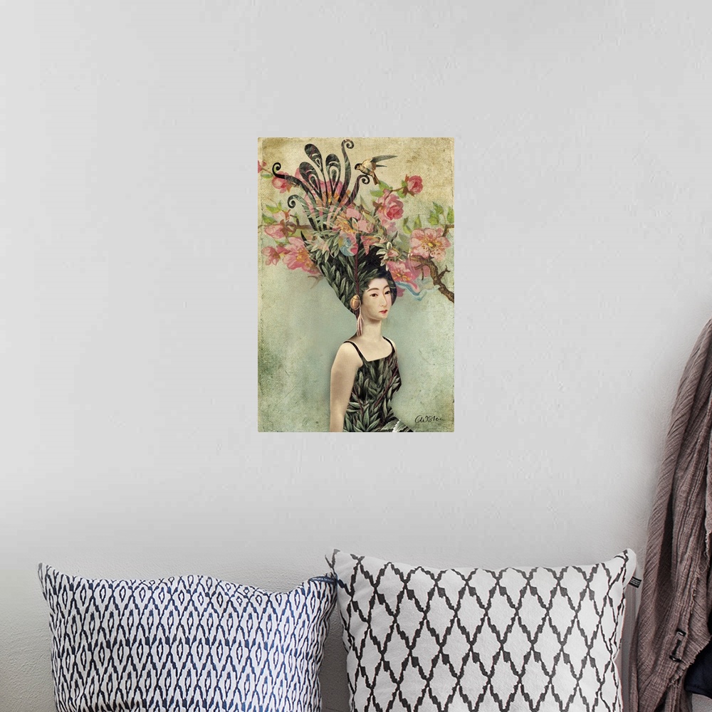 A bohemian room featuring A portrait of a woman with a cherry tree in her hair.