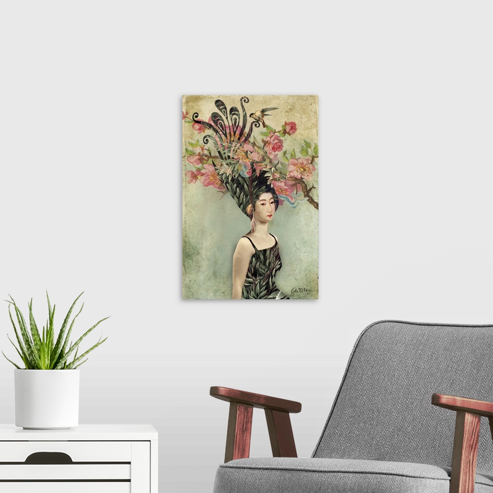 A modern room featuring A portrait of a woman with a cherry tree in her hair.