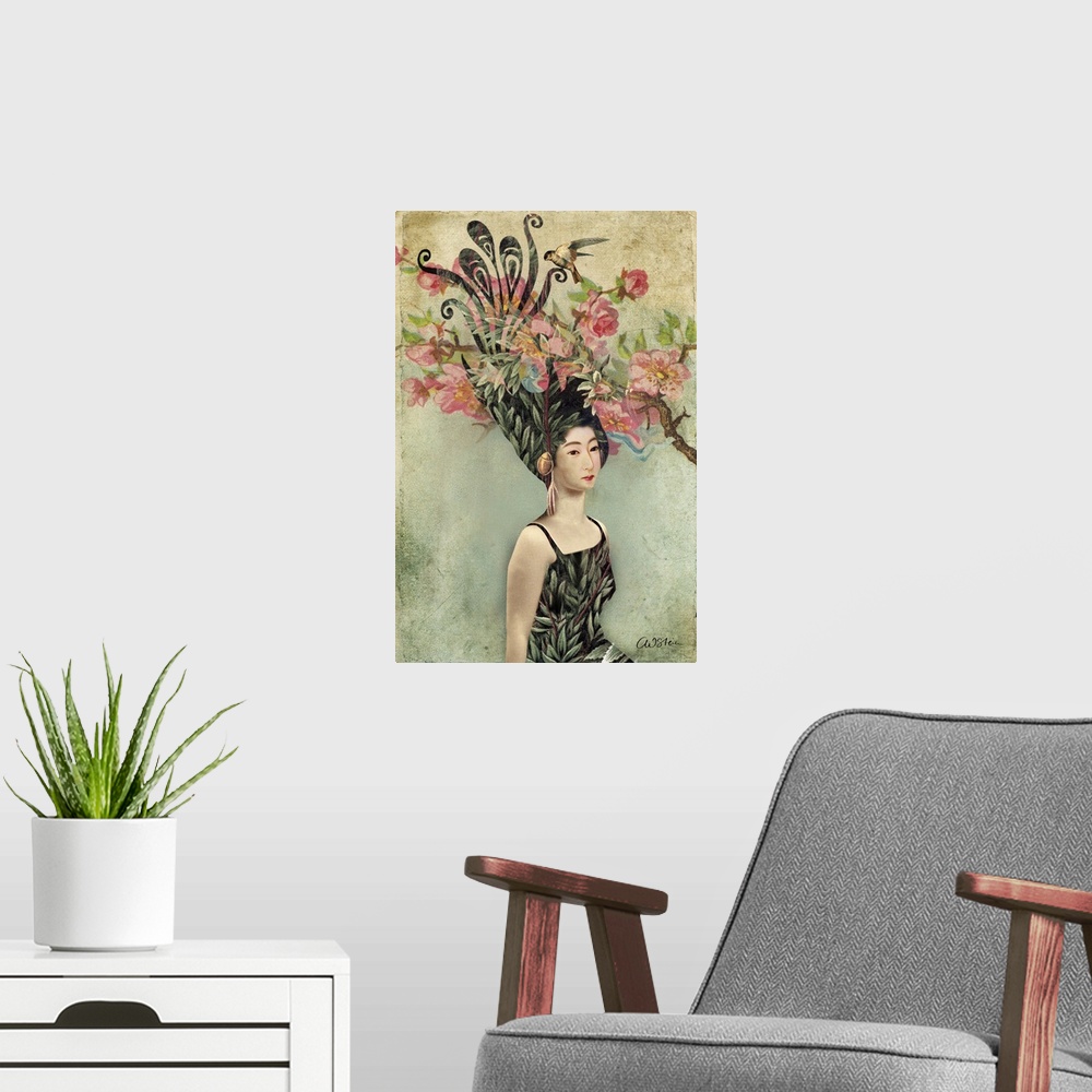 A modern room featuring A portrait of a woman with a cherry tree in her hair.