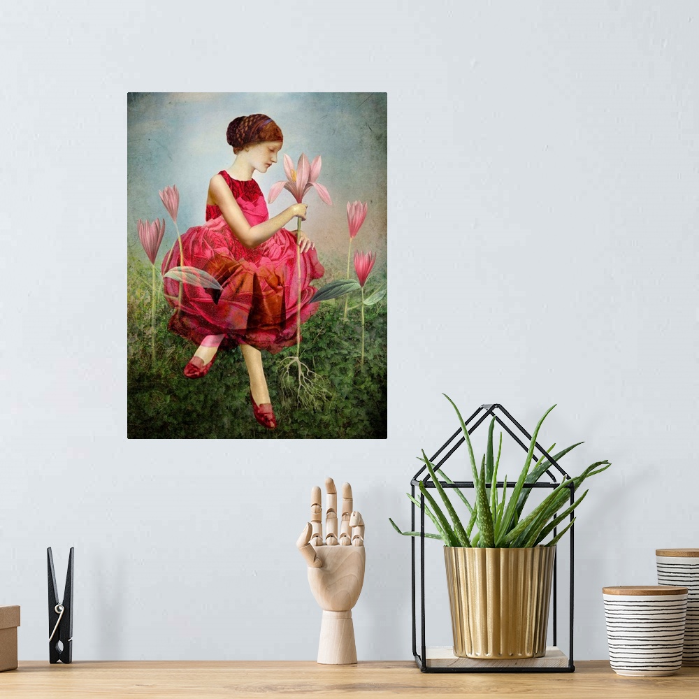 A bohemian room featuring A lady with a rose dress in sitting in a field of flowers, picking the one that is in bloom.