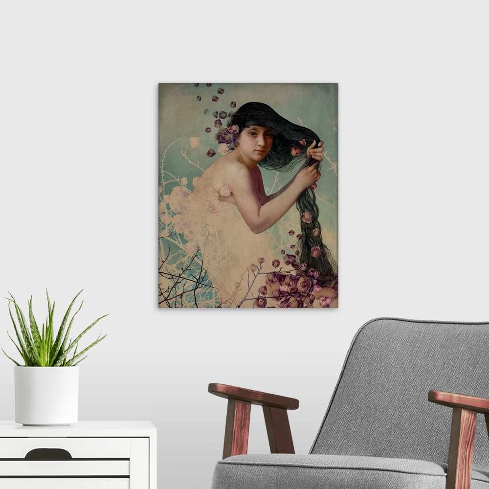 A modern room featuring A lady is running her fingers through her long, dark hair while she is surrounded by flowers.
