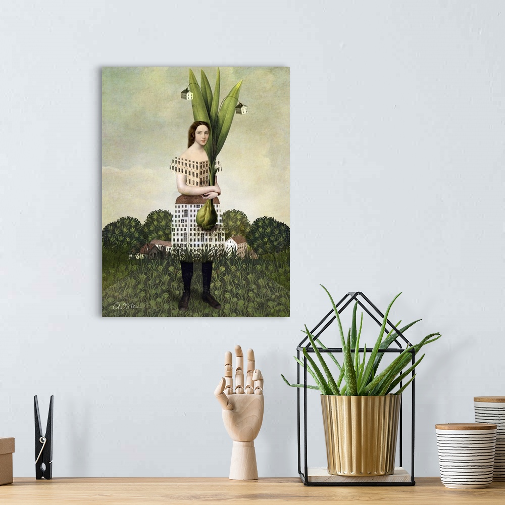 A bohemian room featuring A young lady is holding a large plant with tiny houses hanging from it.  Her dress has the patter...