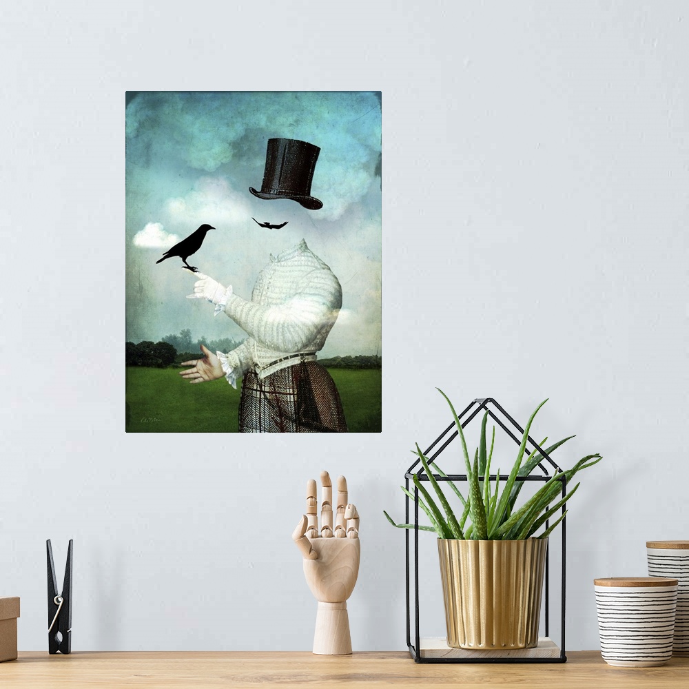 A bohemian room featuring A digital composite of an invisible man holding a black bird.