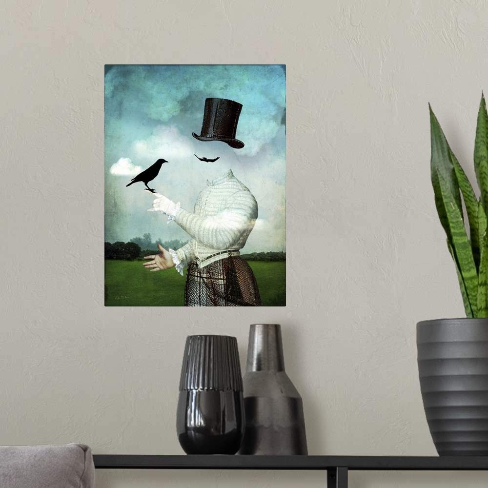 A modern room featuring A digital composite of an invisible man holding a black bird.
