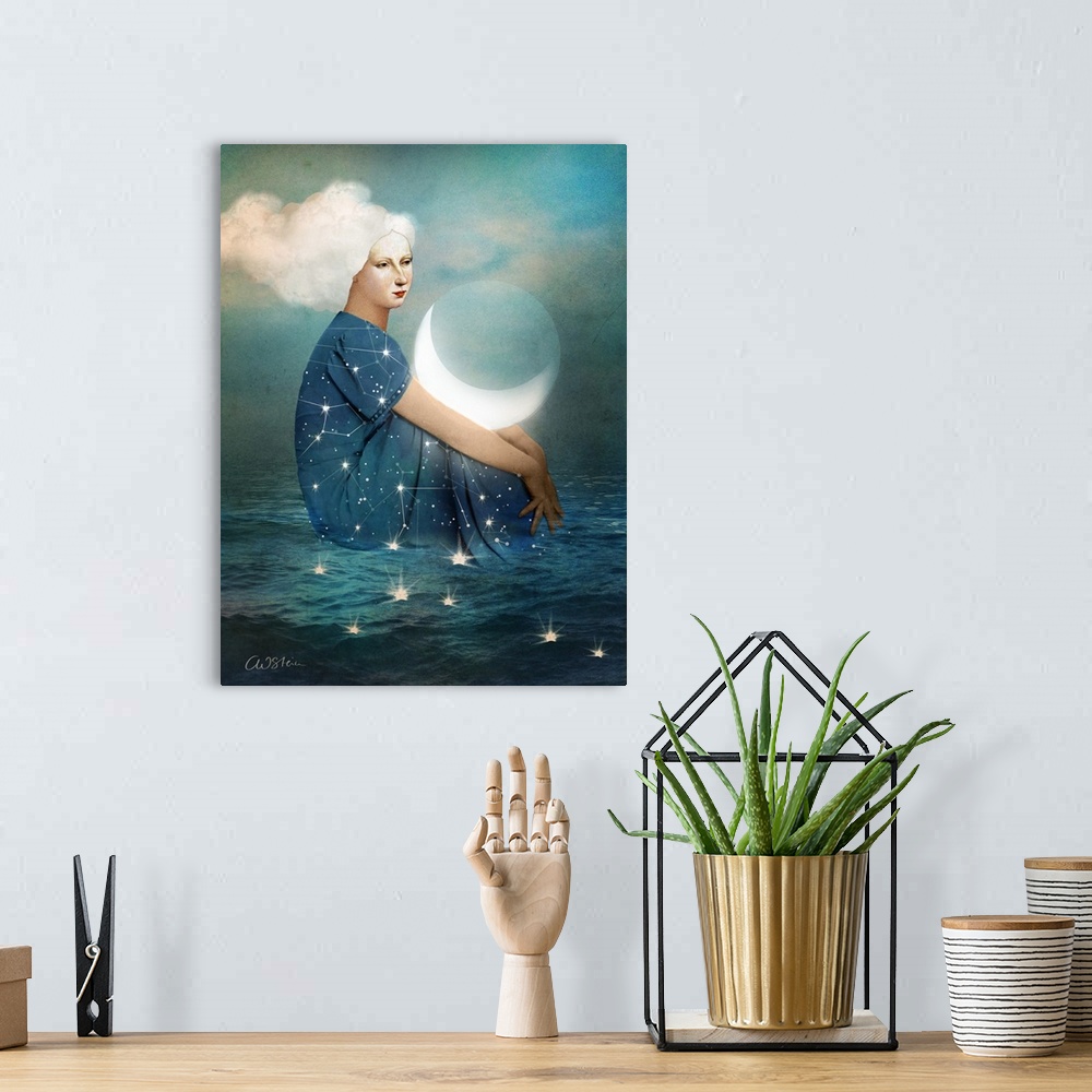 A bohemian room featuring Conceptual artwork of a woman with constellations on her dress, sitting in the ocean with the moo...