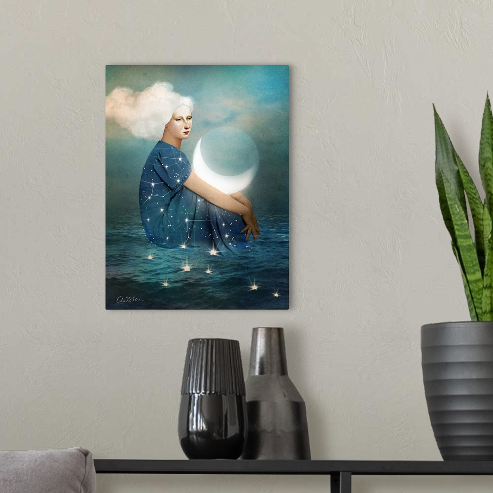 A modern room featuring Conceptual artwork of a woman with constellations on her dress, sitting in the ocean with the moo...