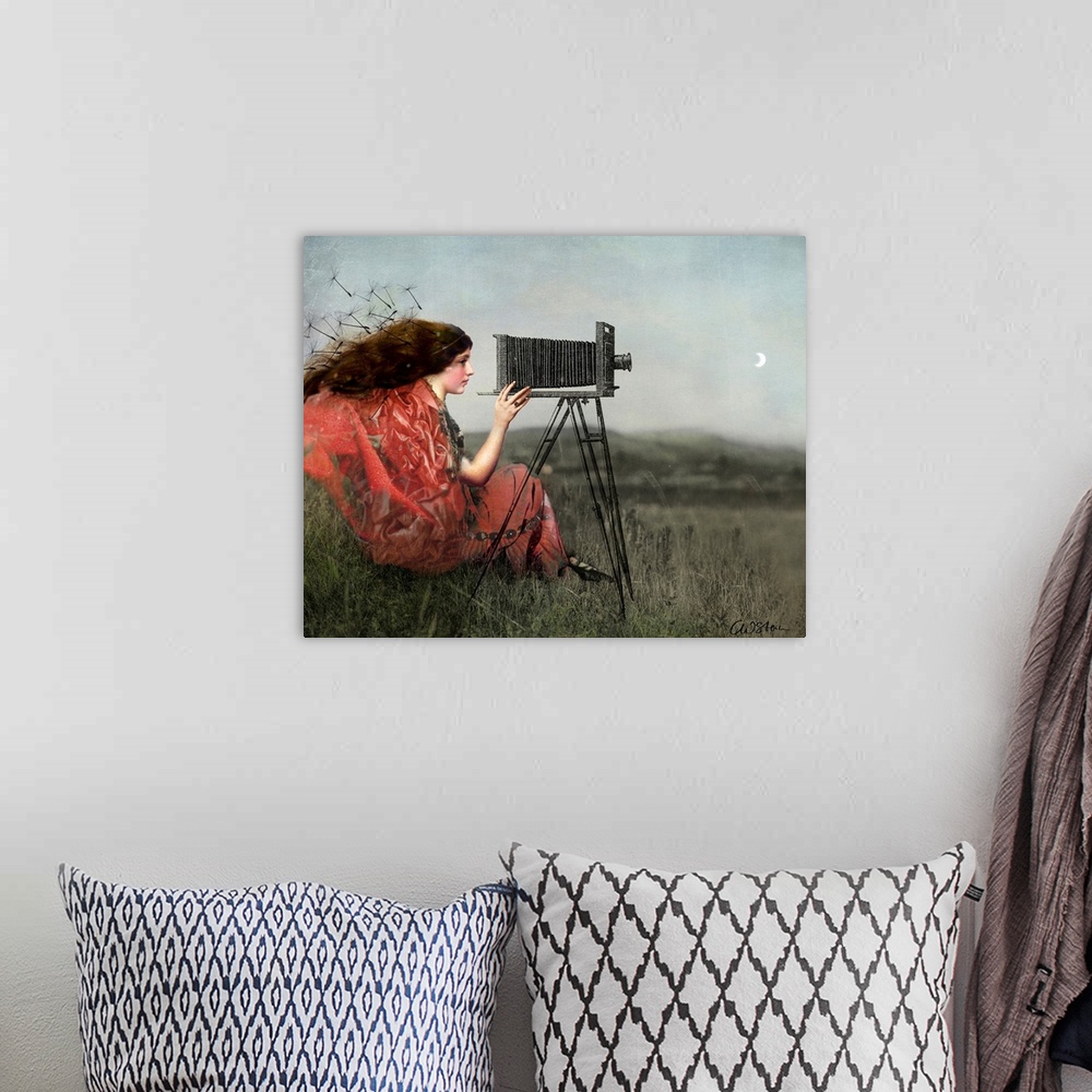 A bohemian room featuring A digital composite of a female in a field using a view camera.