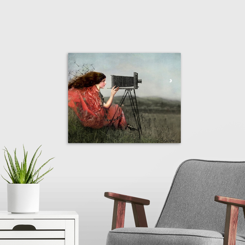 A modern room featuring A digital composite of a female in a field using a view camera.