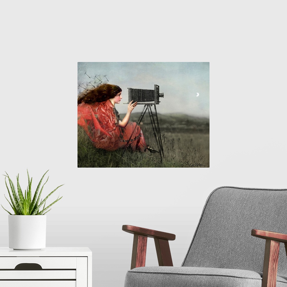 A modern room featuring A digital composite of a female in a field using a view camera.