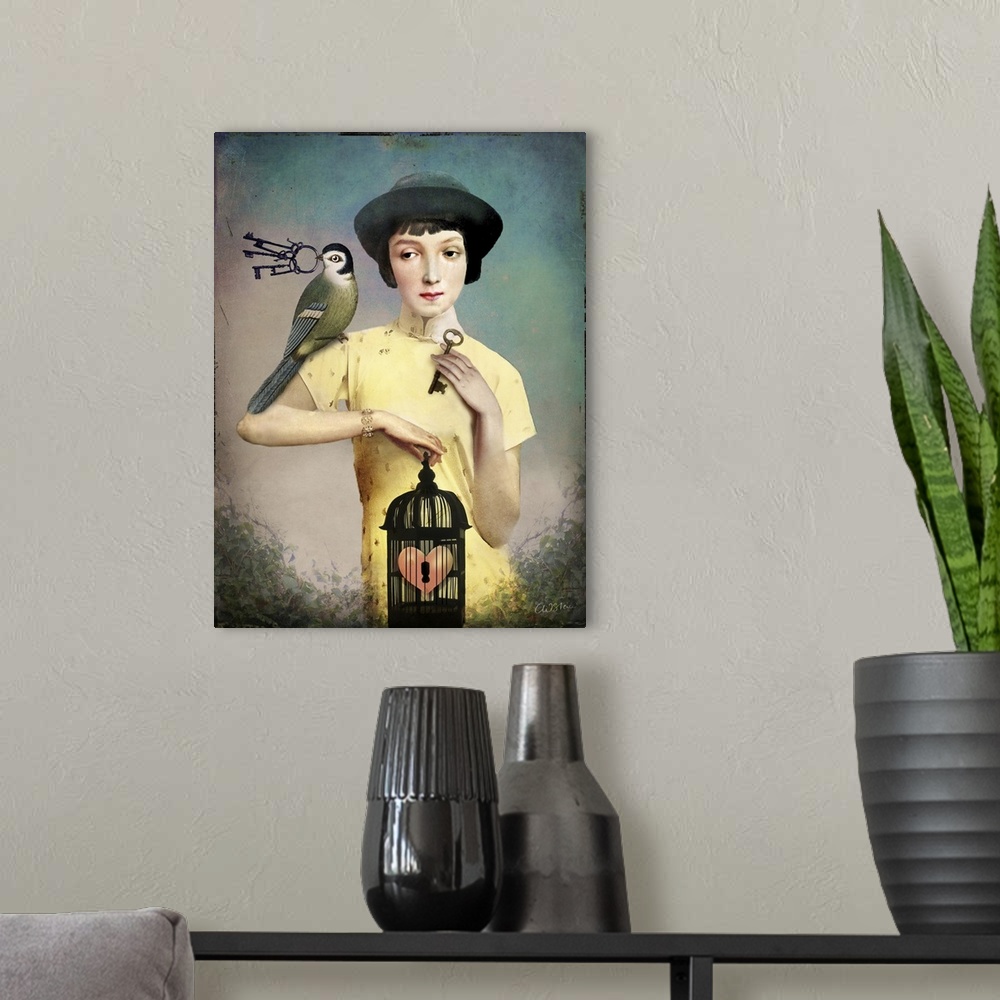 A modern room featuring A lady in yellow is holding a key and a birdcage with a heart.  A bird is perched on her shoulder...