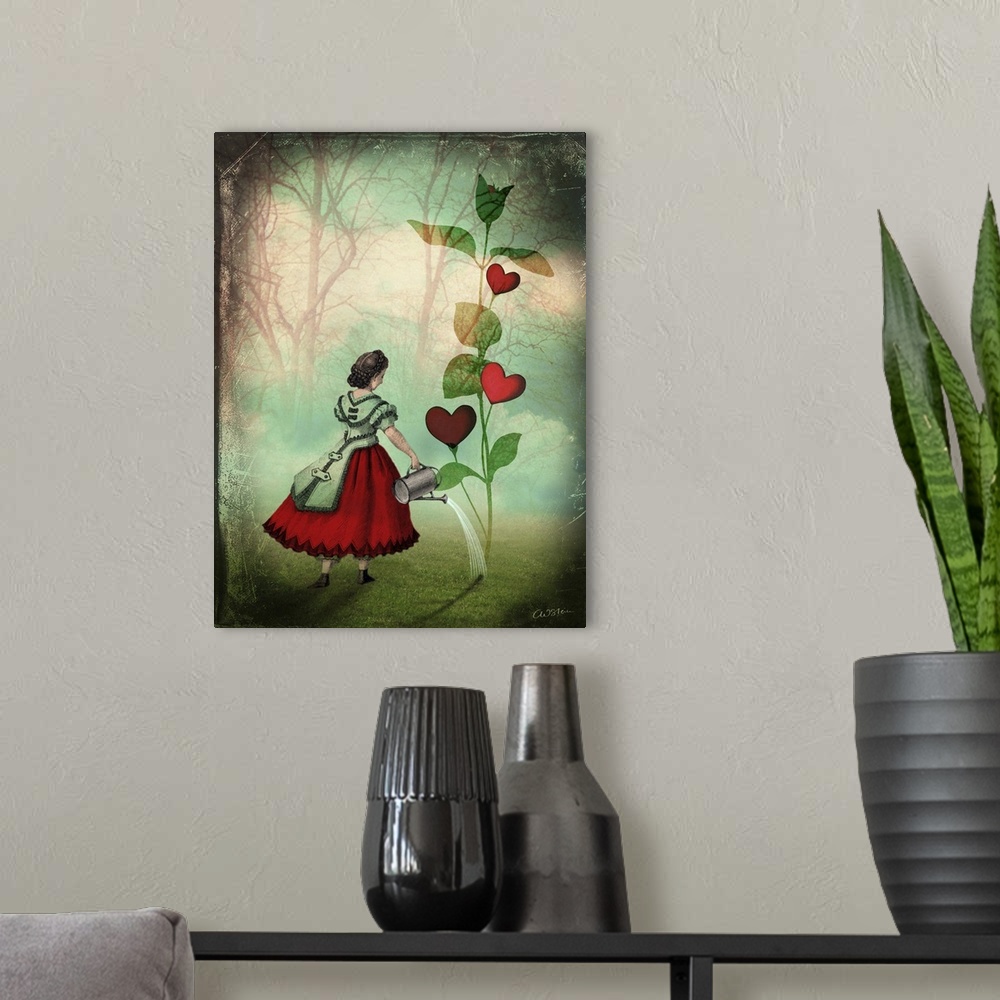 A modern room featuring A lady is watering a plant that is blooming hearts on it's vine.