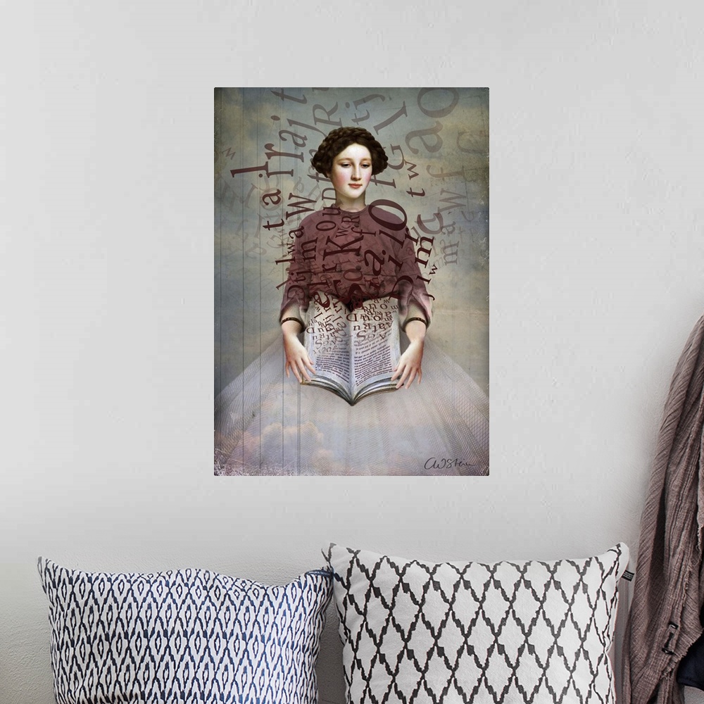A bohemian room featuring Conceptual art of a female holding a book as letters float off of the pages.