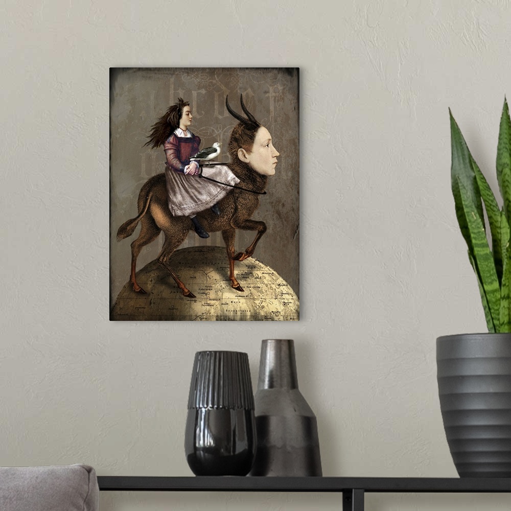 A modern room featuring A lady with a bird is riding a mythical creature of half man, half deer.  They are standing on a ...