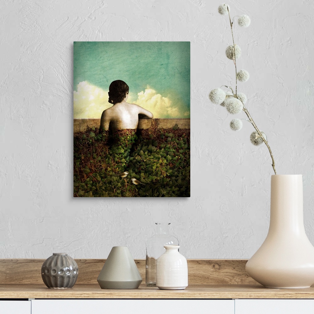 A farmhouse room featuring A composite photograph of a female leaning on a wall covered with vines and two birds.