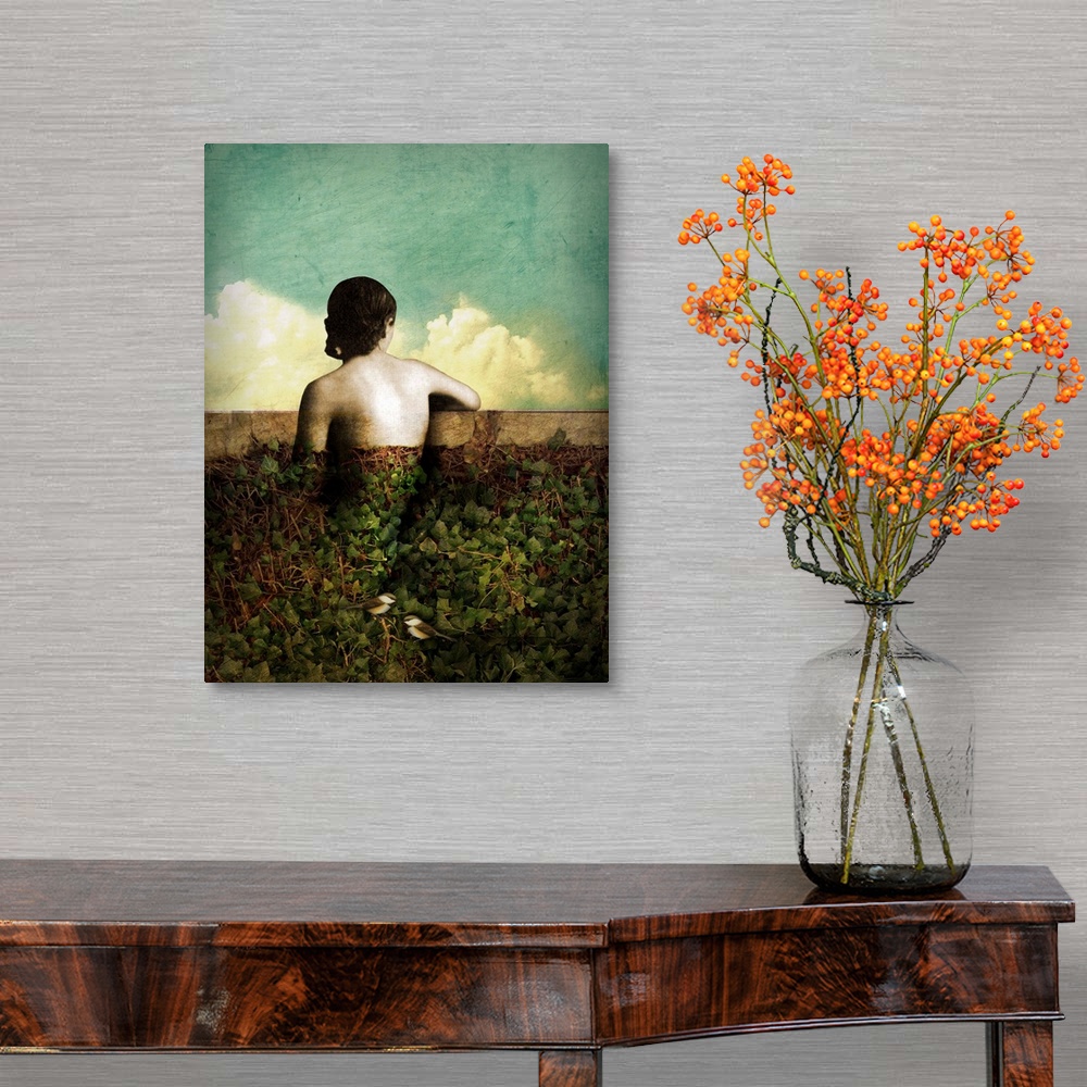 A traditional room featuring A composite photograph of a female leaning on a wall covered with vines and two birds.