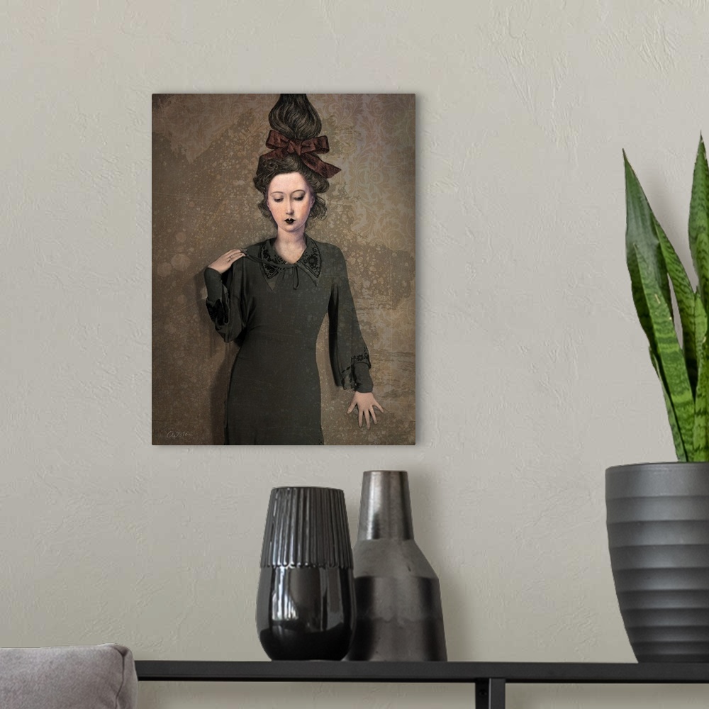 A modern room featuring A portrait of a lady in a black dress with a red bow in her hair.