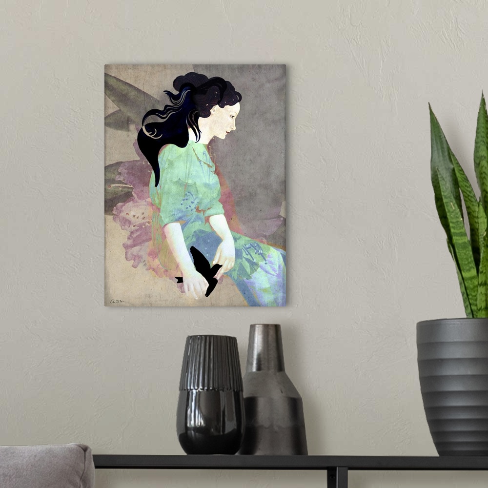 A modern room featuring A serene image of a woman wearing a floral dress in pastels while holding a black bird.