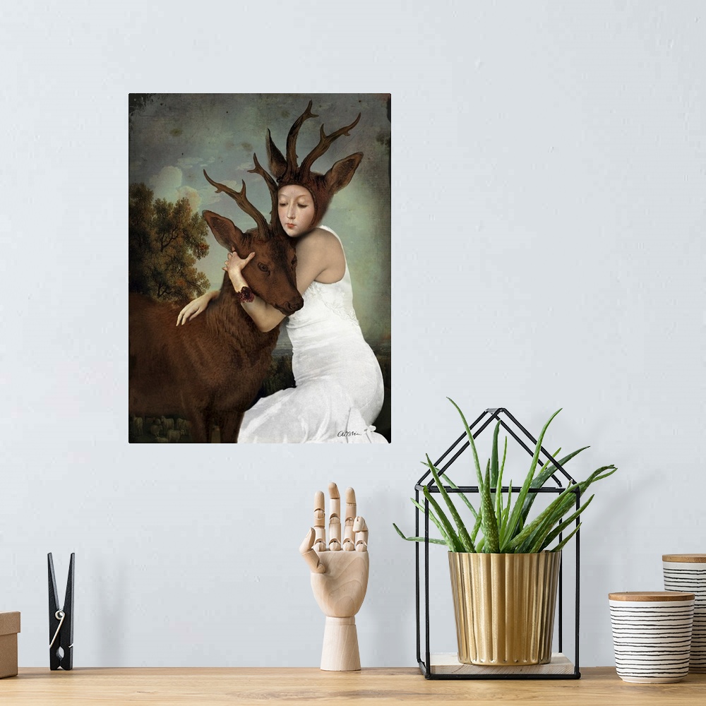A bohemian room featuring A lady with antlers and ears is hugging a stag.