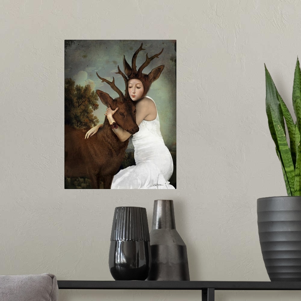 A modern room featuring A lady with antlers and ears is hugging a stag.