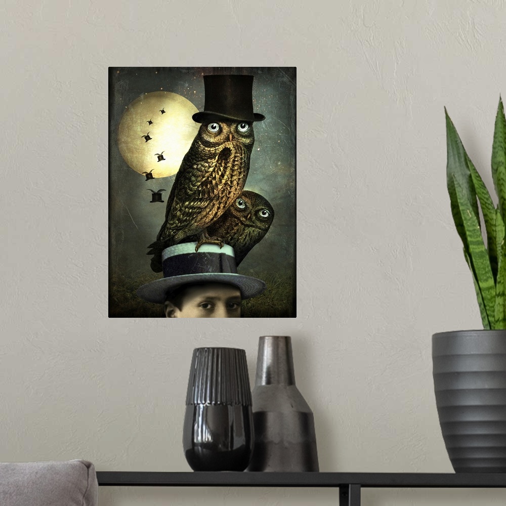 A modern room featuring An abstract composite of two owls perked on top of a hat with flying top hats in the moonlight.