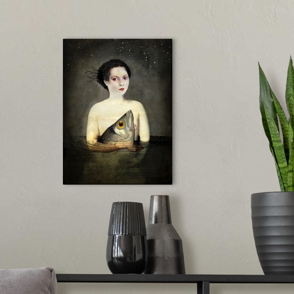 A modern room featuring Composite artwork of a female under the stars, holding a large fish while in water.