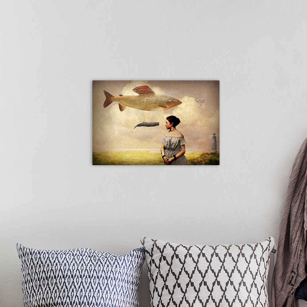 A bohemian room featuring A digital abstract composite of a woman with a fish and whale floating in the sky.