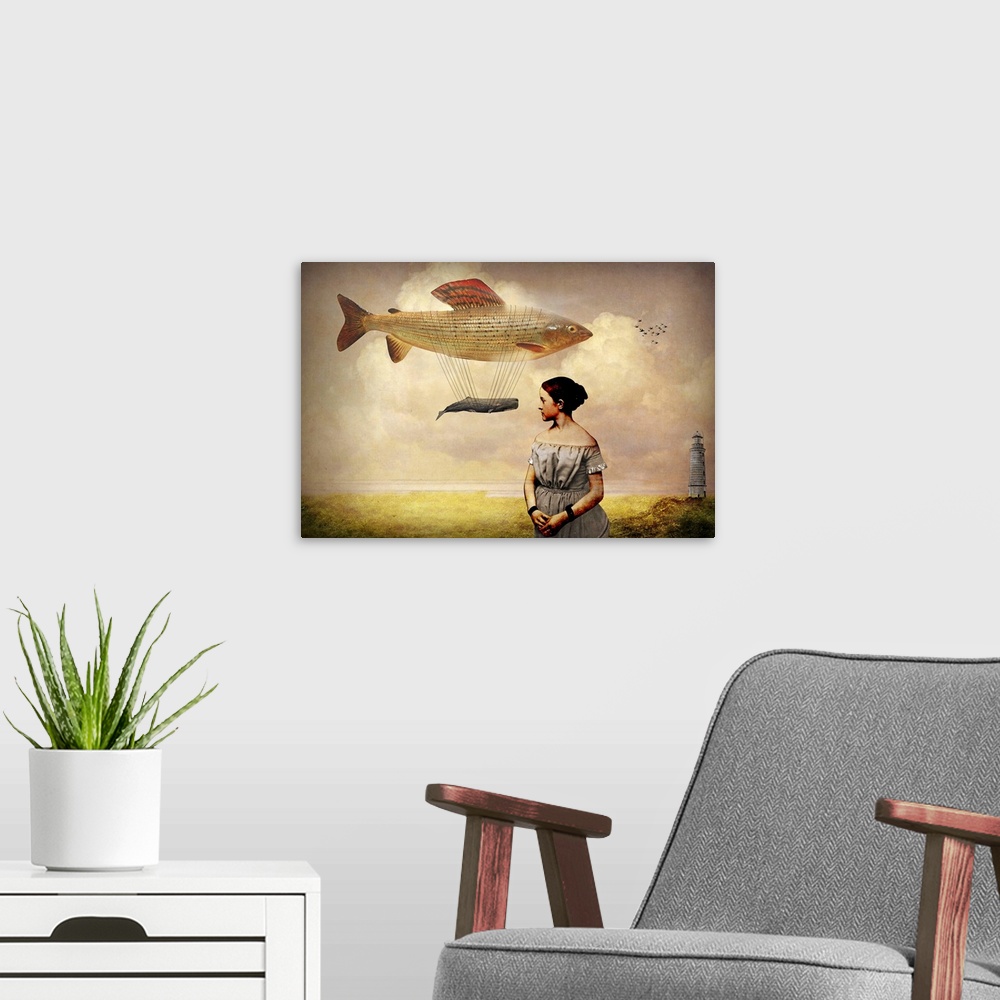 A modern room featuring A digital abstract composite of a woman with a fish and whale floating in the sky.