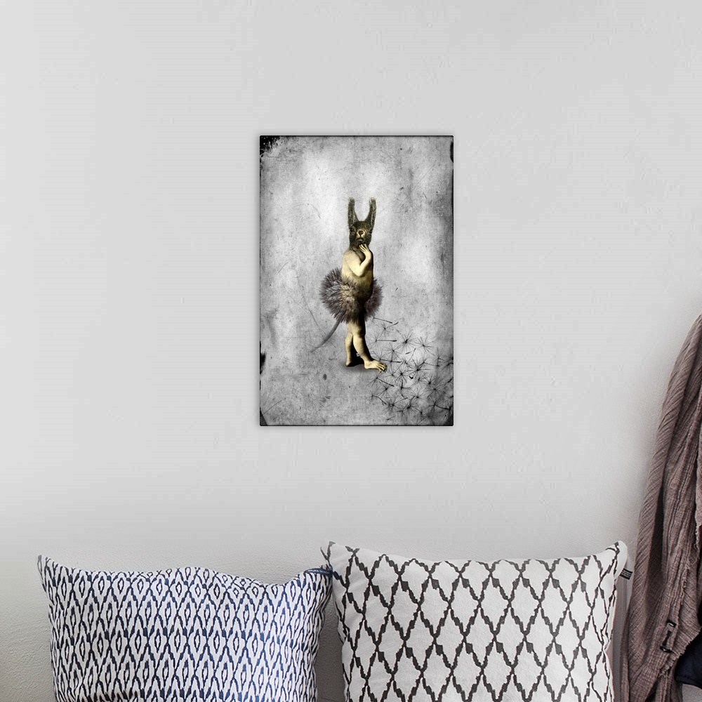 A bohemian room featuring A digital composite of a mythical creature made up of a human, squirrel and dandelion with a text...