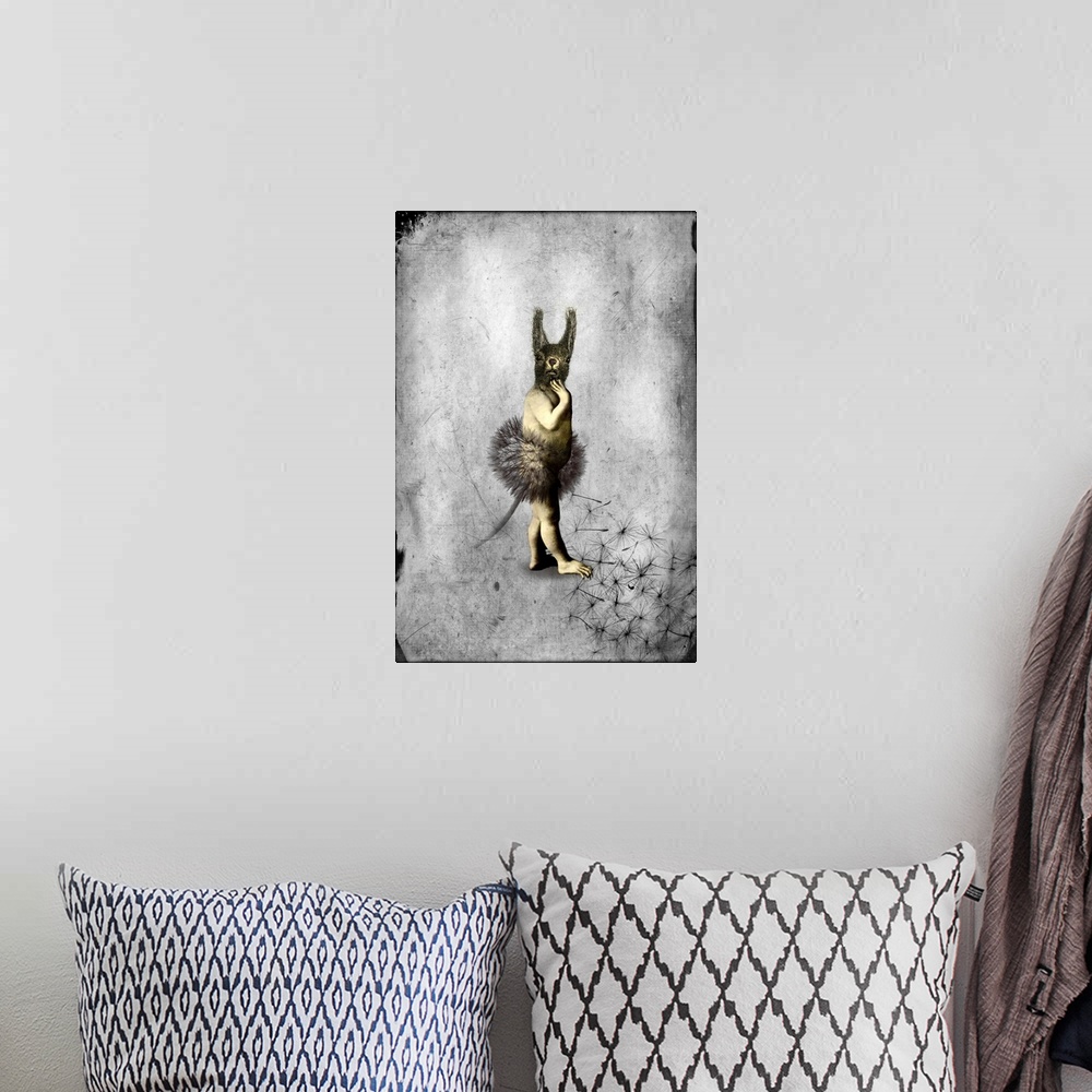 A bohemian room featuring A digital composite of a mythical creature made up of a human, squirrel and dandelion with a text...