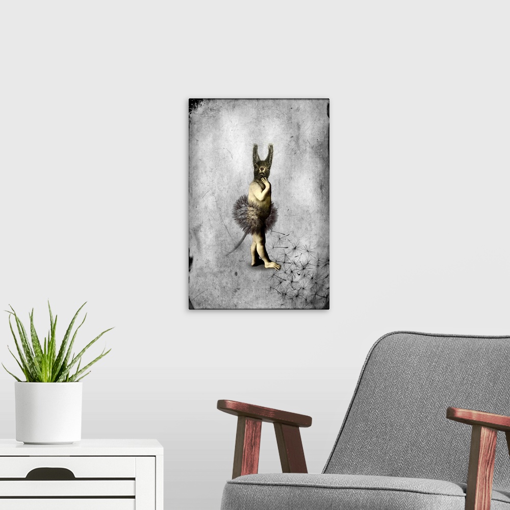 A modern room featuring A digital composite of a mythical creature made up of a human, squirrel and dandelion with a text...