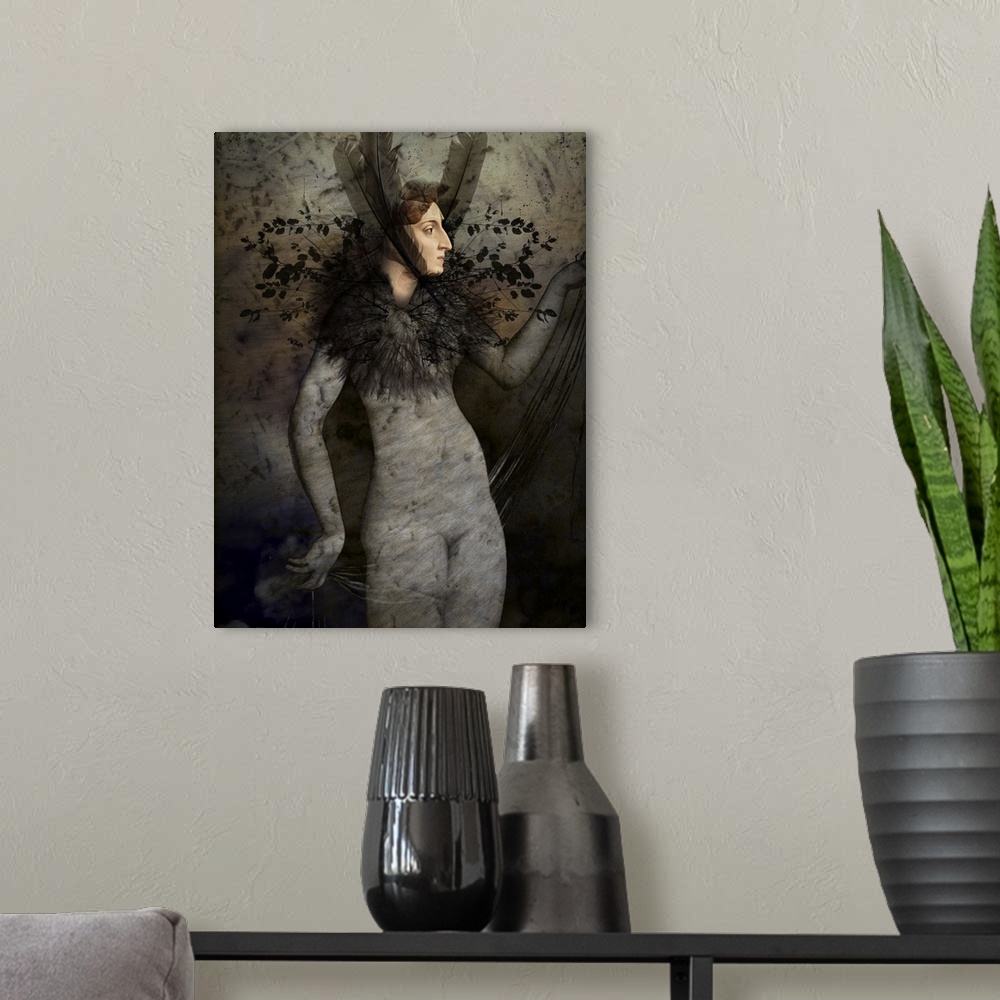 A modern room featuring Image of a woman in gray and black with plants around her neck and feathers under her chin.