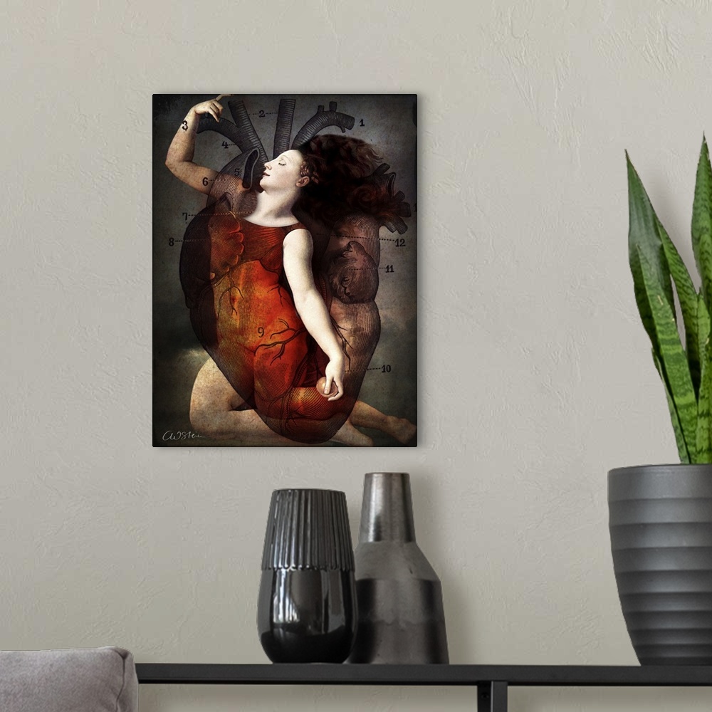 A modern room featuring A digital composite of a female and heart diagram.