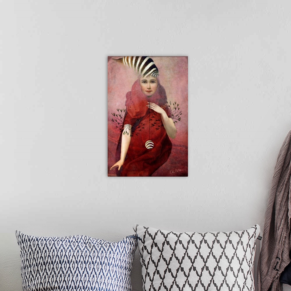 A bohemian room featuring A composite image of a woman in red holding a yo-yo.