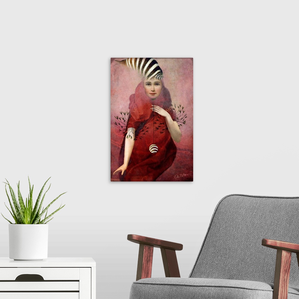 A modern room featuring A composite image of a woman in red holding a yo-yo.