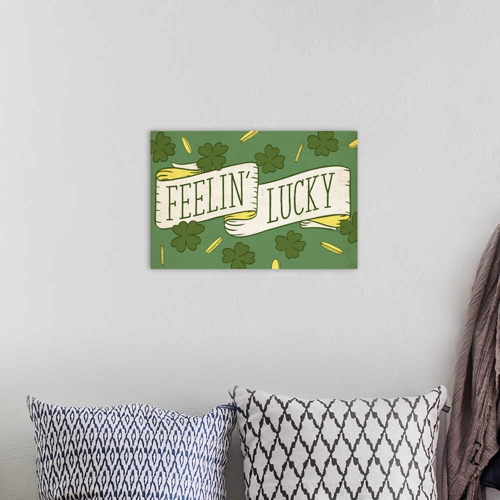 A bohemian room featuring "Feelin' Lucky" written on a banner with gold coins and four-leaf clovers on a green background.